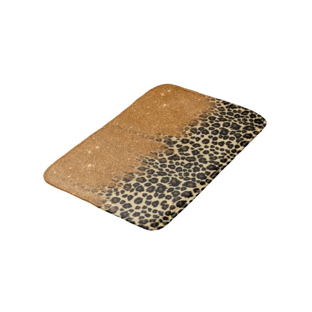 Leopard Print with Gold Faux Glitter Brush Stroke Bath Mat (Angled)