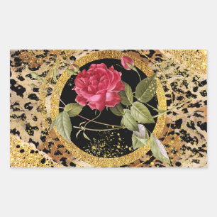 leopard print with roses and gold glitter rectangular sticker