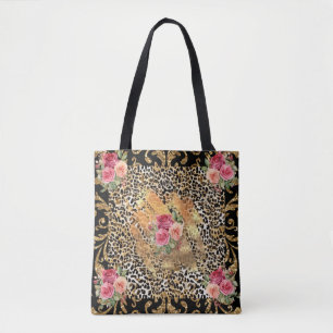 leopard print with roses and gold glitter tote bag
