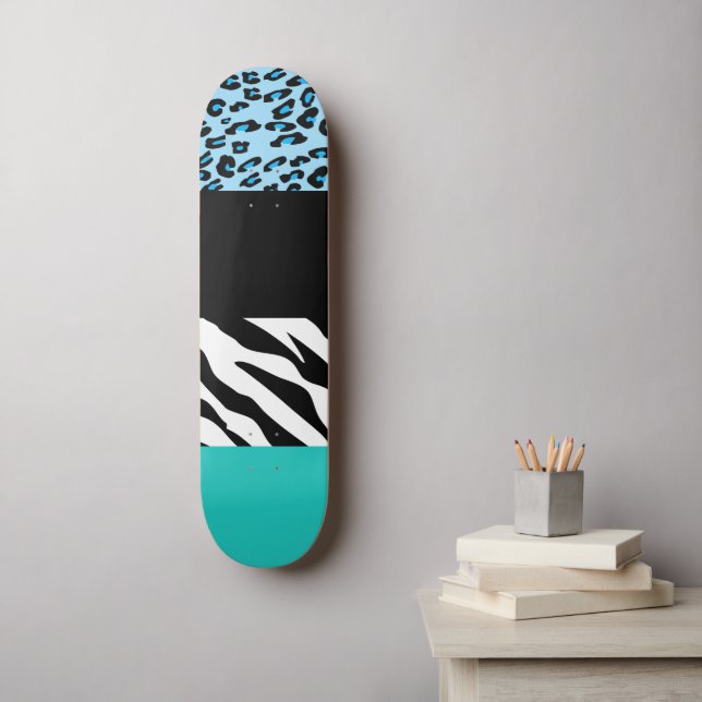Leopard Print, Zebra Print, Animal Print, Blue Skateboard (Wall Art)