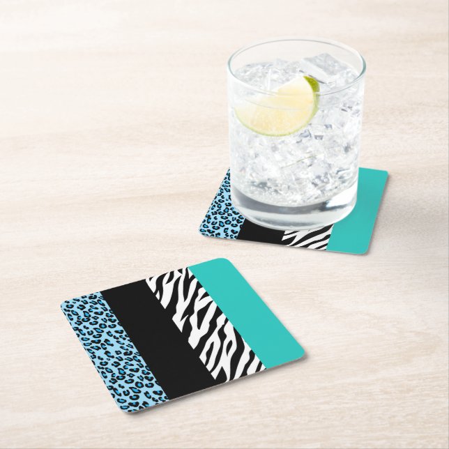 Leopard Print, Zebra Print, Animal Print, Blue Square Paper Coaster (Insitu)