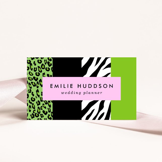 Leopard Print, Zebra Print, Animal Print, Green Business Card (Creator Uploaded)