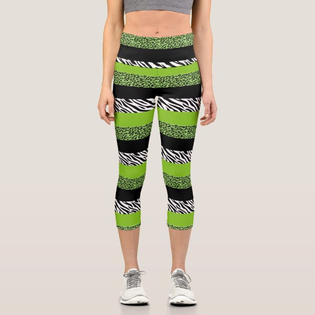 Leopard Print, Zebra Print, Animal Print, Green Capri Leggings (Front)