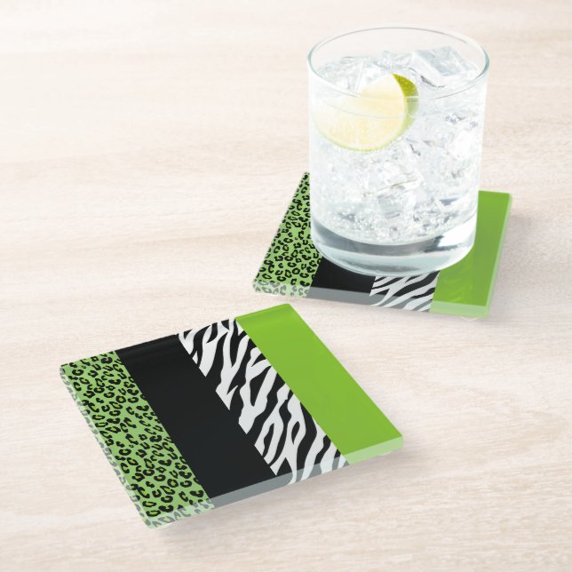 Leopard Print, Zebra Print, Animal Print, Green Glass Coaster (Angled)