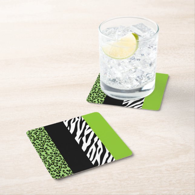 Leopard Print, Zebra Print, Animal Print, Green Square Paper Coaster (Insitu)