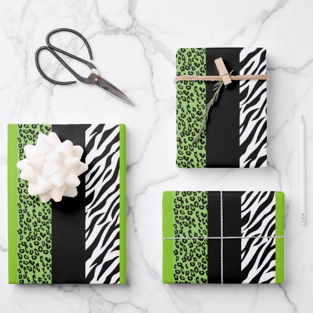 Leopard Print, Zebra Print, Animal Print, Green Wrapping Paper Sheet (Front)