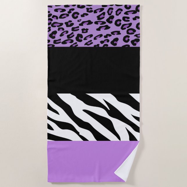 Leopard Print, Zebra Print, Animal Print, Purple Beach Towel (Front)