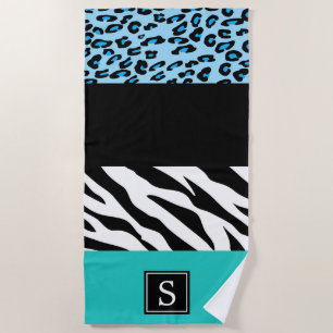 Leopard Print, Zebra Print, Blue, Monogram Beach Towel