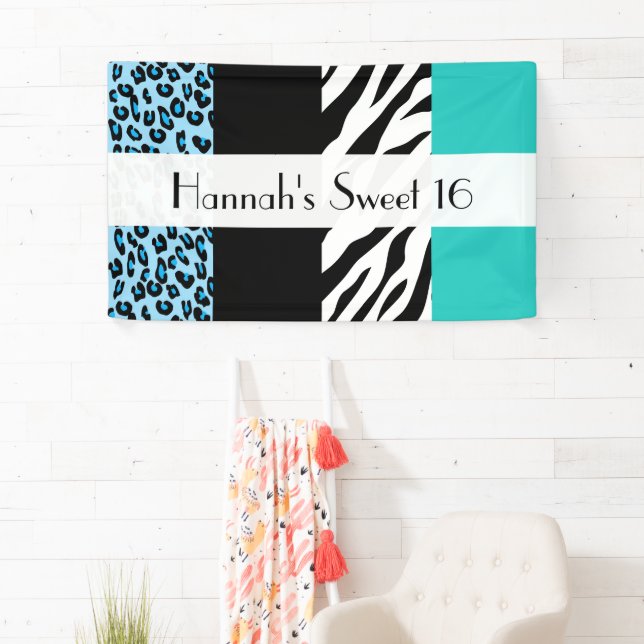 Leopard Print, Zebra Print, Blue, Sweet 16 Banner (Insitu)