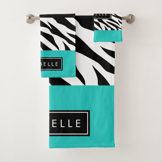 Leopard Print, Zebra Print, Blue, Your Name Bath Towel Set (Insitu)