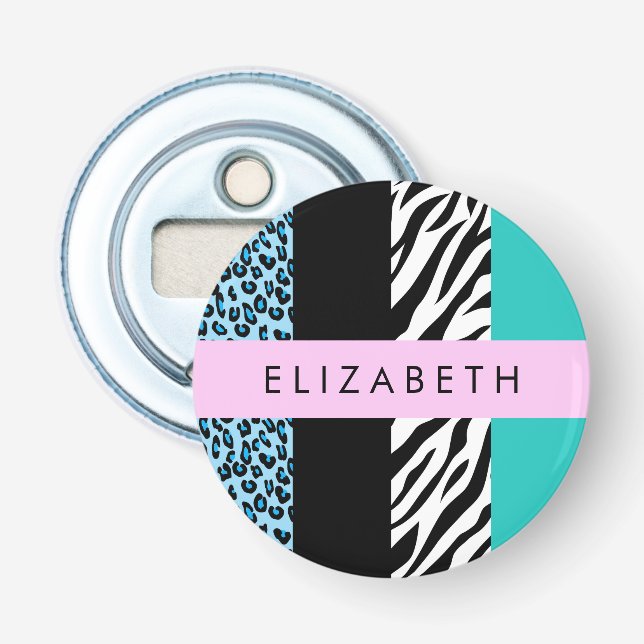 Leopard Print, Zebra Print, Blue, Your Name Bottle Opener (Front)