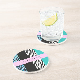 Leopard Print, Zebra Print, Blue, Your Name Coaster