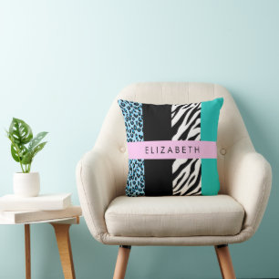 Leopard Print, Zebra Print, Blue, Your Name Cushion