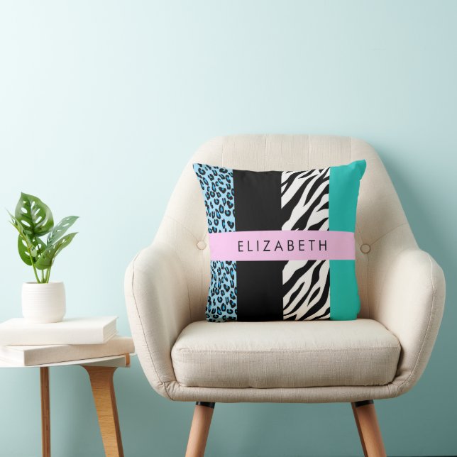 Leopard Print, Zebra Print, Blue, Your Name Cushion (Chair)
