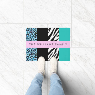 Leopard Print, Zebra Print, Blue, Your Name Doormat