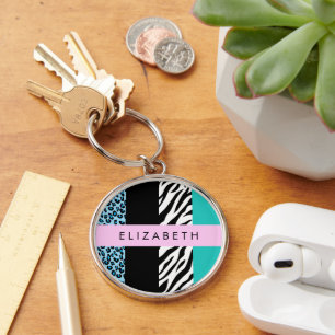 Leopard Print, Zebra Print, Blue, Your Name Key Ring