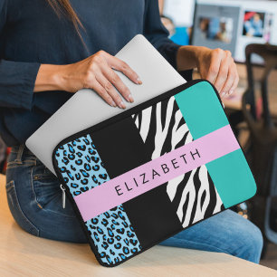 Leopard Print, Zebra Print, Blue, Your Name Laptop Sleeve