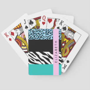 Leopard Print, Zebra Print, Blue, Your Name Playing Cards