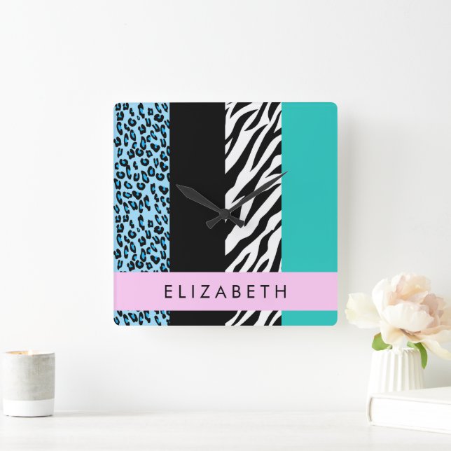Leopard Print, Zebra Print, Blue, Your Name Square Wall Clock (Home)