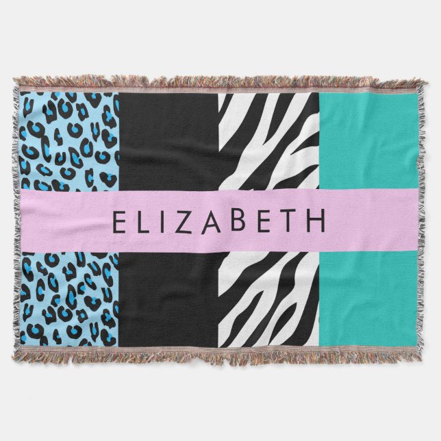 Leopard Print, Zebra Print, Blue, Your Name Throw Blanket (Front)