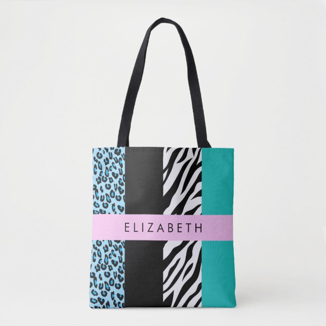 Leopard Print, Zebra Print, Blue, Your Name Tote Bag (Front)