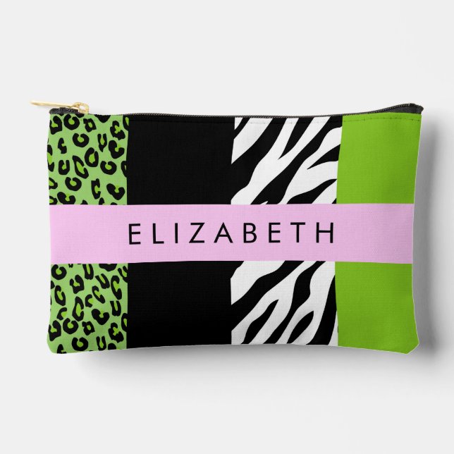 Leopard Print, Zebra Print, Green, Your Name Accessory Pouch (Front)