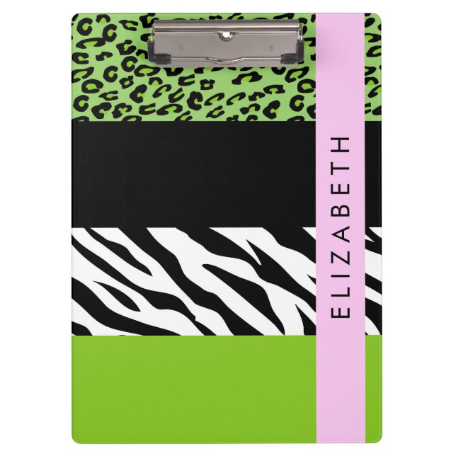 Leopard Print, Zebra Print, Green, Your Name Clipboard (Front)