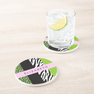 Leopard Print, Zebra Print, Green, Your Name Coaster