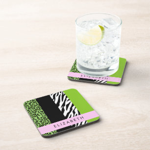 Leopard Print, Zebra Print, Green, Your Name Coaster