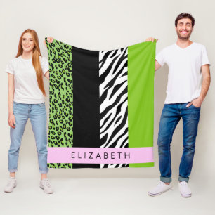 Leopard Print, Zebra Print, Green, Your Name Fleece Blanket