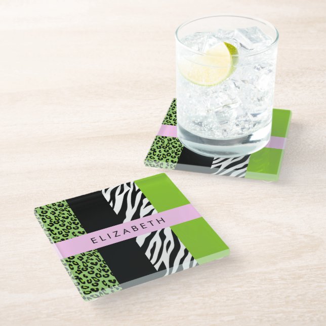 Leopard Print, Zebra Print, Green, Your Name Glass Coaster (Angled)