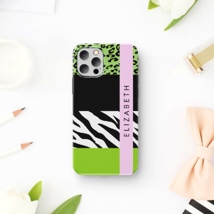 Leopard Print, Zebra Print, Green, Your Name iPhone 16 Case