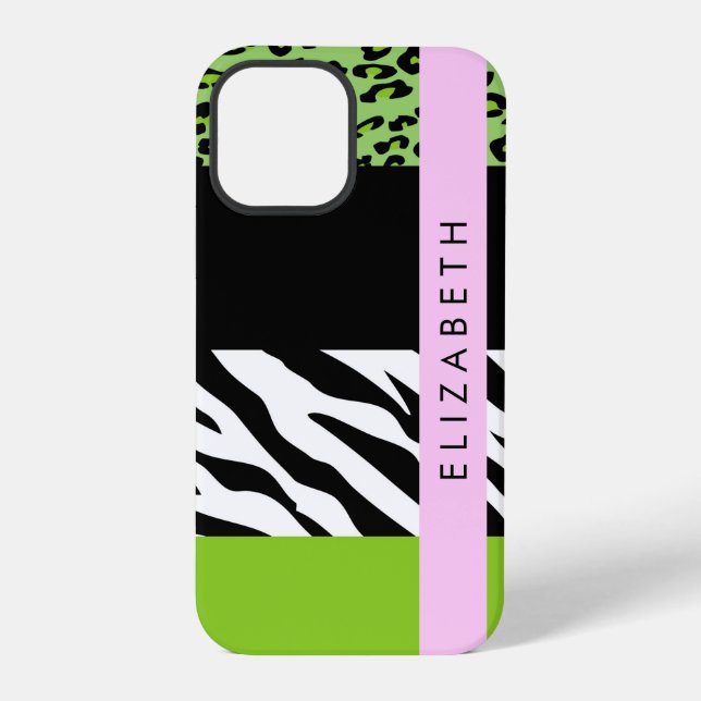 Leopard Print, Zebra Print, Green, Your Name iPhone Case (Back)