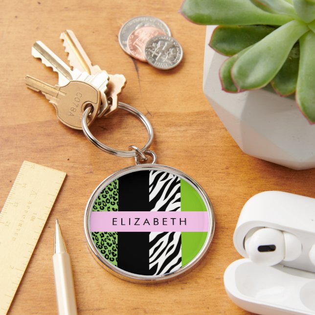 Leopard Print, Zebra Print, Green, Your Name Key Ring (Desk)