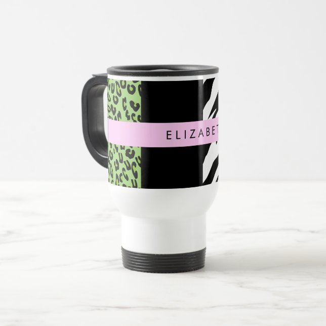 Leopard Print, Zebra Print, Green, Your Name Travel Mug (Front Left)