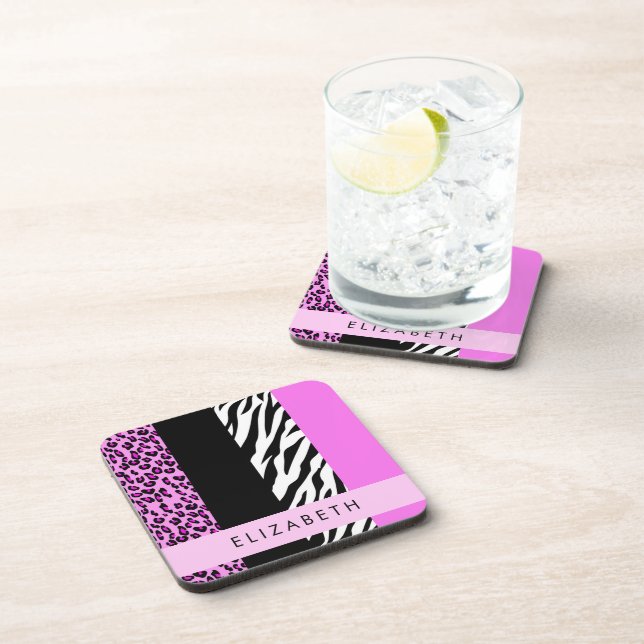 Leopard Print, Zebra Print, Pink, Your Name Coaster (Right Side)