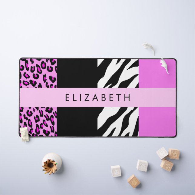 Leopard Print, Zebra Print, Pink, Your Name Desk Mat (Kids Table)