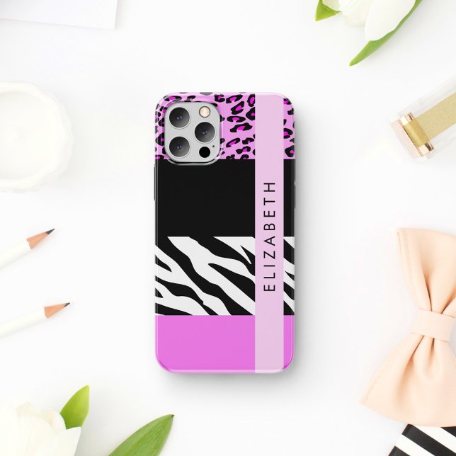 Leopard Print, Zebra Print, Pink, Your Name iPhone 16 Case (Creator Uploaded)