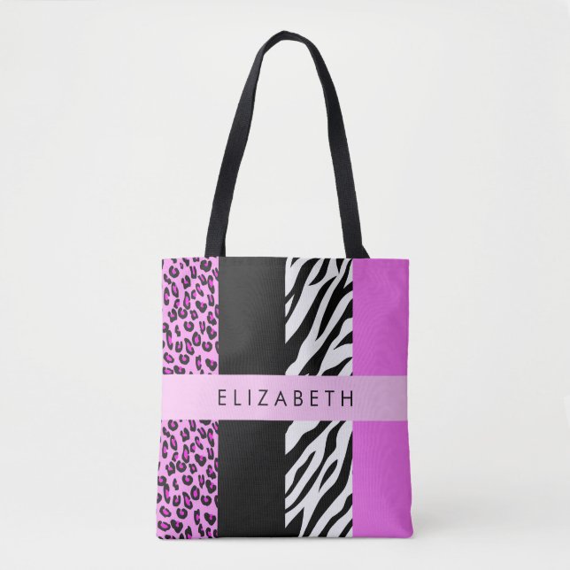 Leopard Print, Zebra Print, Pink, Your Name Tote Bag (Front)