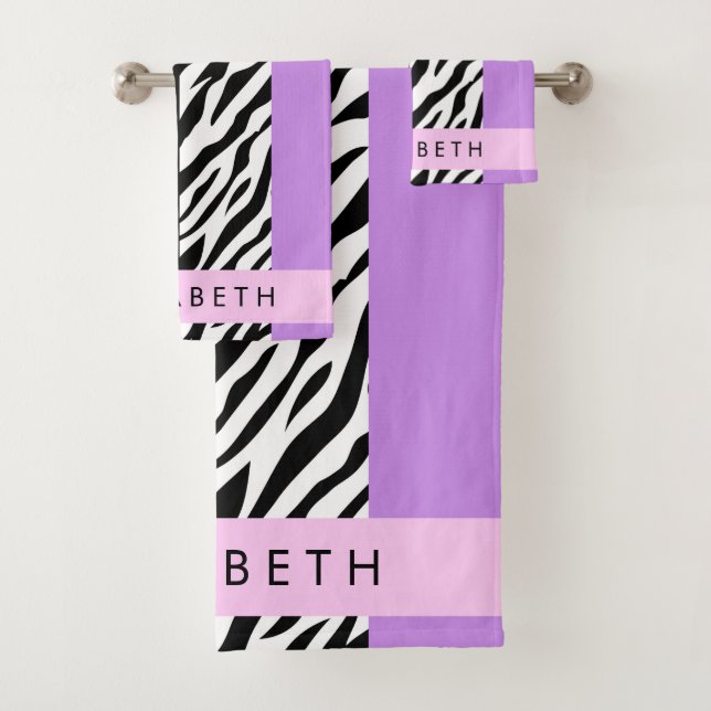 Leopard Print, Zebra Print, Purple, Your Name Bath Towel Set (Insitu)