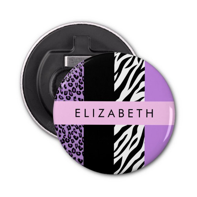 Leopard Print, Zebra Print, Purple, Your Name Bottle Opener (Front)