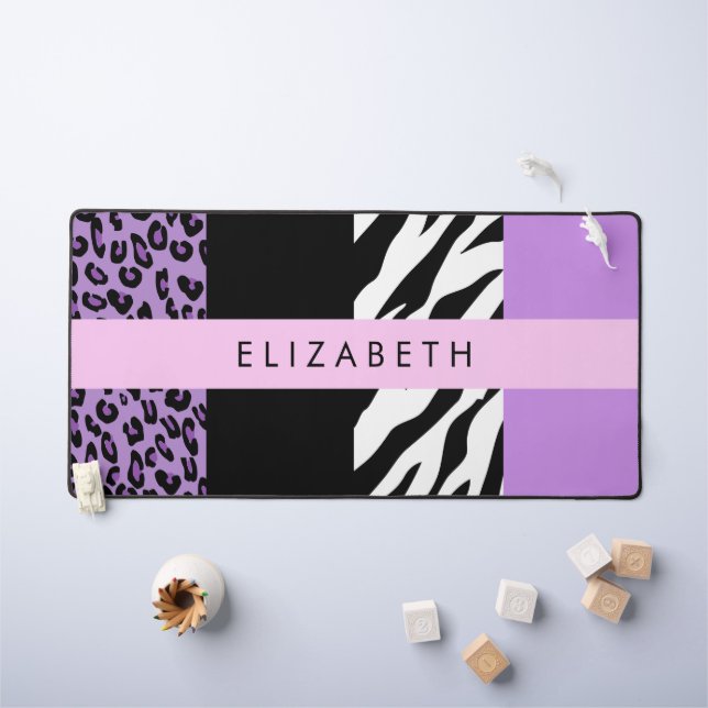 Leopard Print, Zebra Print, Purple, Your Name Desk Mat (Kids Table)