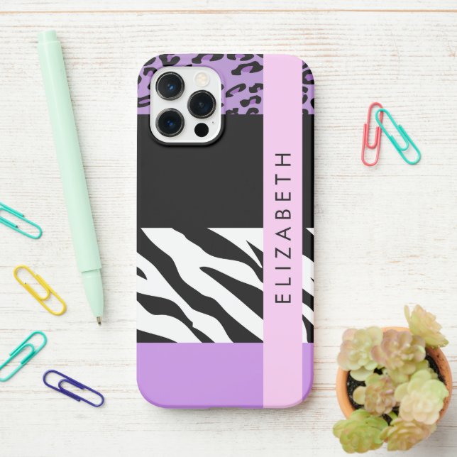 Leopard Print, Zebra Print, Purple, Your Name iPhone Case (On Desk)