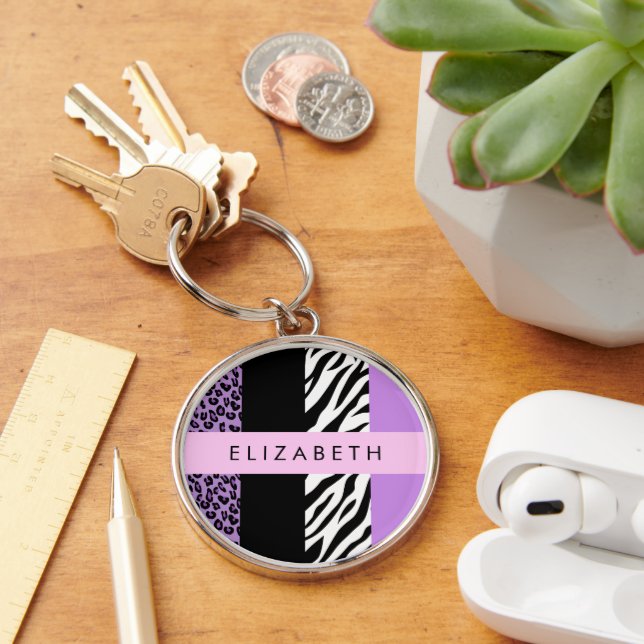 Leopard Print, Zebra Print, Purple, Your Name Key Ring (Desk)