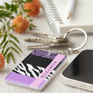 Leopard Print, Zebra Print, Purple, Your Name Key Ring