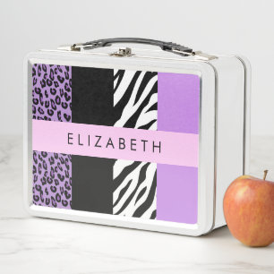 Leopard Print, Zebra Print, Purple, Your Name Metal Lunch Box