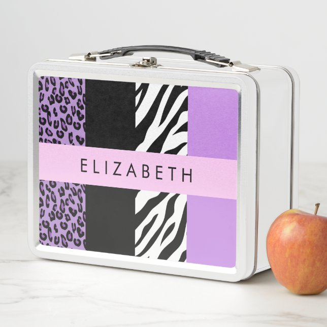 Leopard Print, Zebra Print, Purple, Your Name Metal Lunch Box (In Situ)
