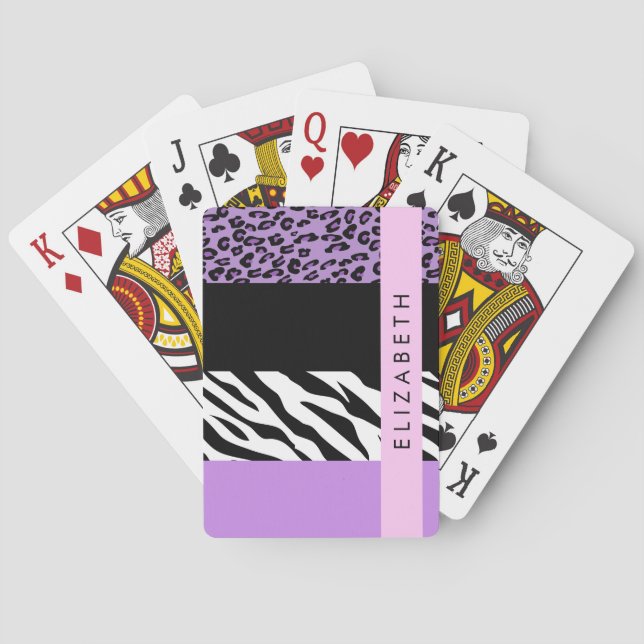 Leopard Print, Zebra Print, Purple, Your Name Playing Cards (Back)
