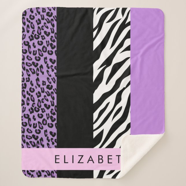 Leopard Print, Zebra Print, Purple, Your Name Sherpa Blanket (Front)