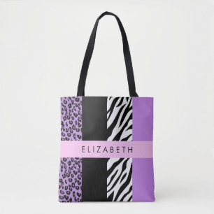 Leopard Print, Zebra Print, Purple, Your Name Tote Bag